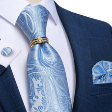 4PCS Sky Blue Floral Men's Silk Tie Pocket Square Cufflinks with Tie Ring Set