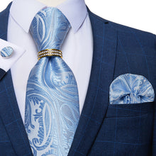 4PCS Sky Blue Floral Men's Silk Tie Pocket Square Cufflinks with Tie Ring Set