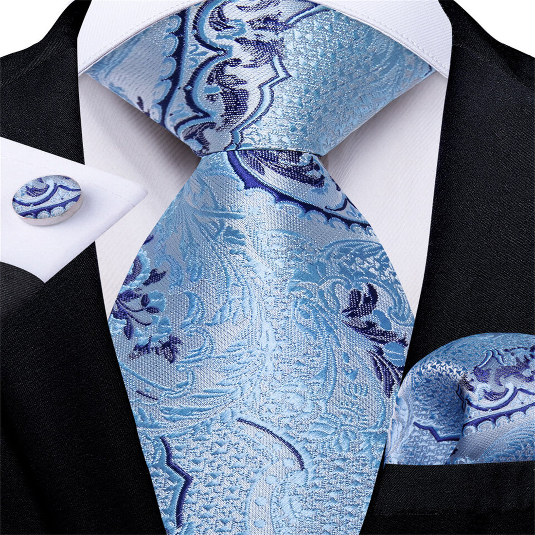 Blue Jacquard Woven Floral Bucket Silk Tie