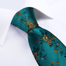 DiBanGu Men's Tie Dark Turquoise Yellow Floral Silk Bucket Tie Set