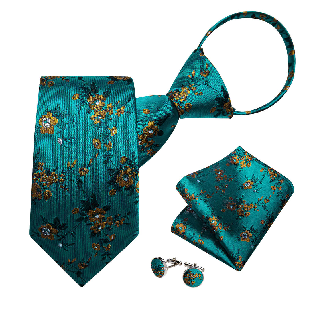 Dark Turquoise Yellow Floral Silk Bucket Tie 