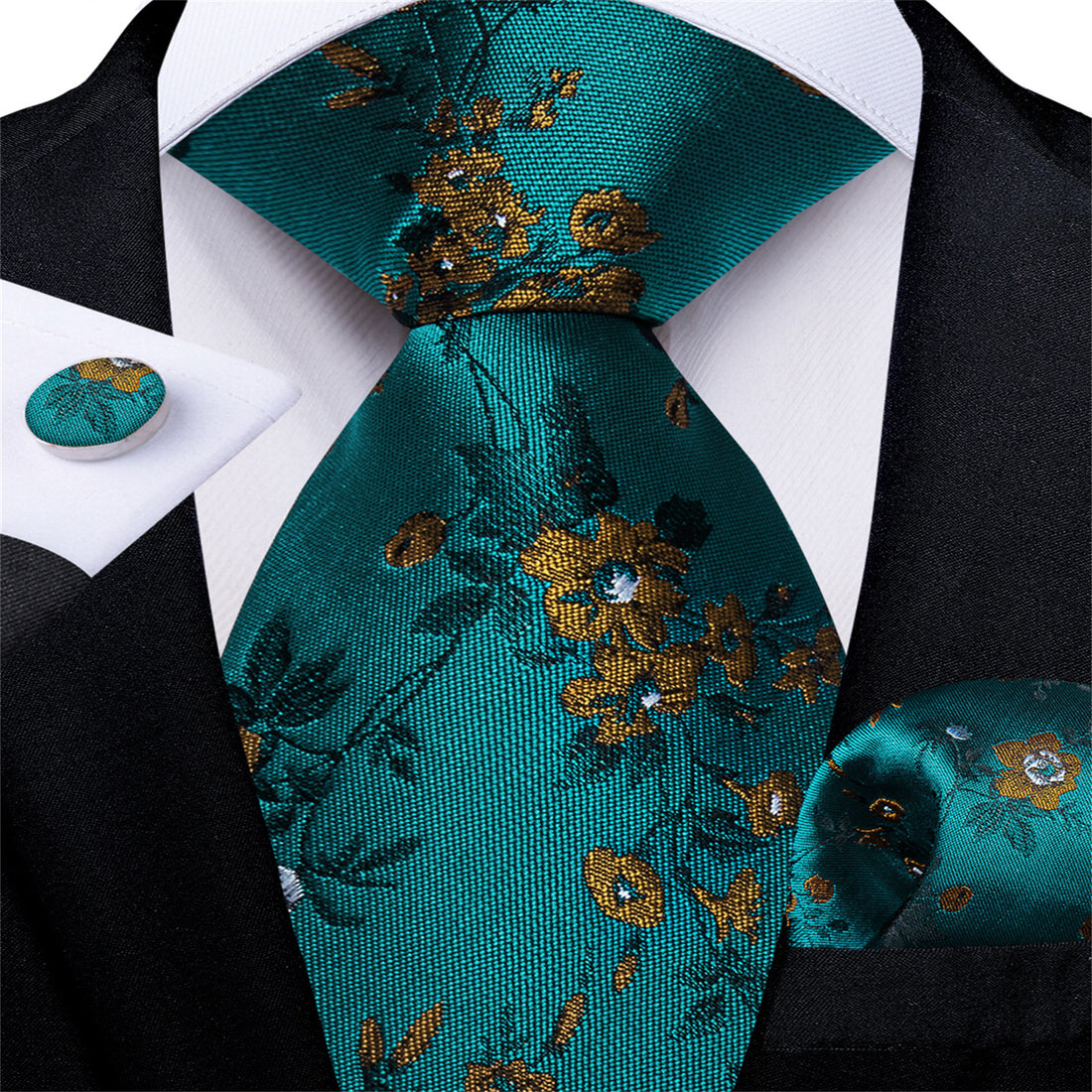 Dark Turquoise Yellow Floral Silk Bucket Tie 