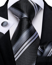 Classic Black Grey Stripe Men's Tie Pocket Square Cufflinks Set