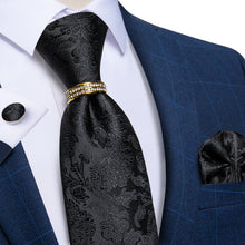 4PCS Black Floral Men's Silk Tie Pocket Square Cufflinks with Tie Ring Set