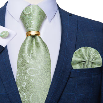 4PCS Green Floral Men's Silk Tie Handkerchief Cufflinks With Tie Ring Set
