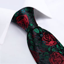 Green Leaf Red Floral Men's Tie Pocket Square Cufflinks Clip Set