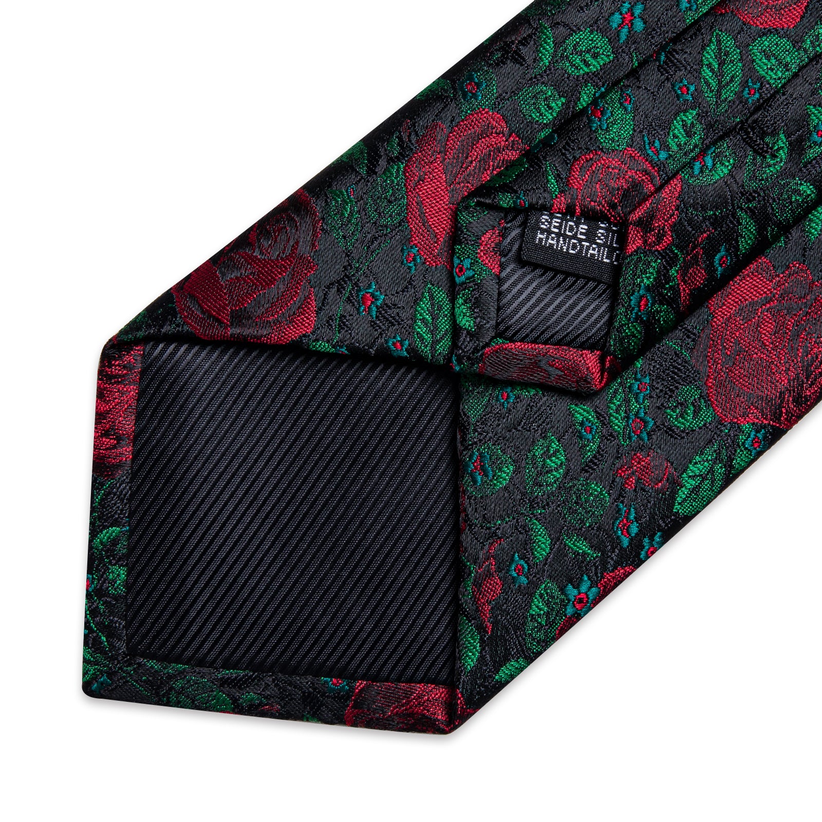 Green Leaf Red Floral Men's Tie Pocket Square Cufflinks Clip Set