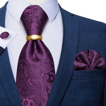 4PCS Purple Paisley Men's Silk Tie Pocket Square Cufflinks with Tie Ring Set