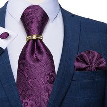 4PCS Purple Paisley Men's Silk Tie Pocket Square Cufflinks with Tie Ring Set