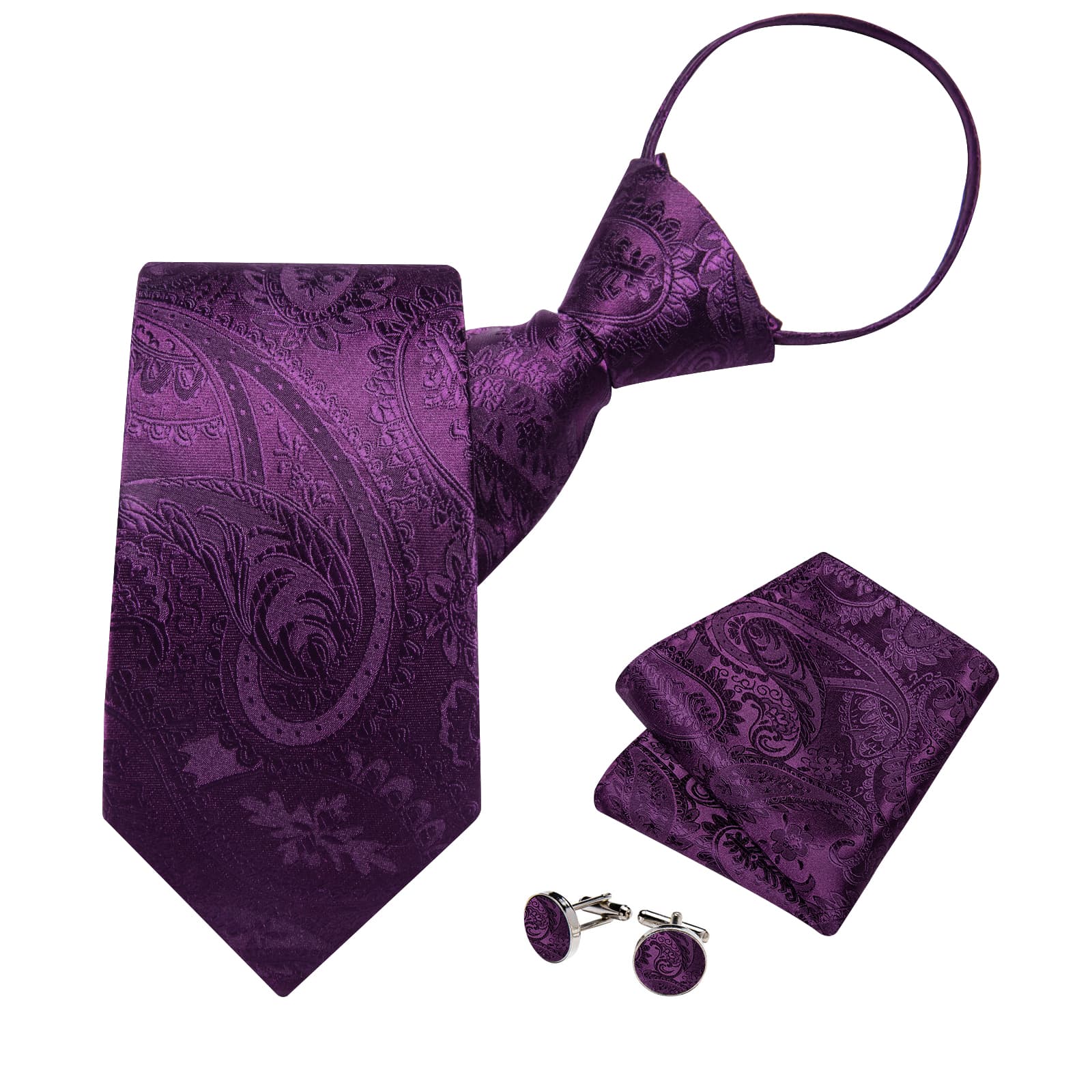 Silk Tie Deep Purple Paisley Lazy Easy-pull Mens Dress Tie Set