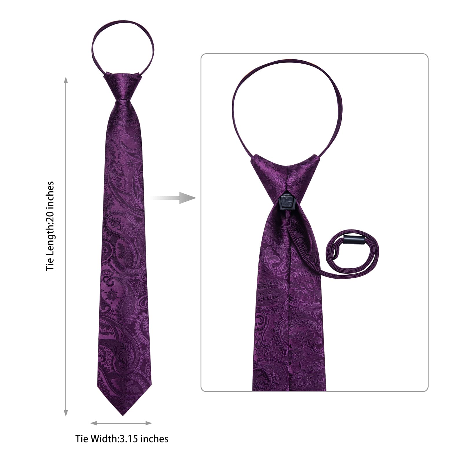 Silk Tie Deep Purple Paisley Lazy Easy-pull Mens Dress Tie Set