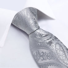 Silver Grey Floral Men's Tie Pocket Square Cufflinks Clip Set