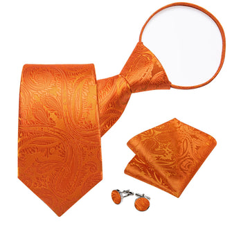 Silk Tie Deep Orange Paisley Lazy Easy-pull Mens Dress Tie Set for suit top