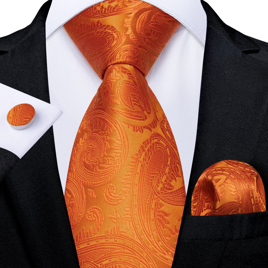 Silk Tie Deep Orange Paisley Lazy Easy-pull Mens Dress Tie Set for suit top