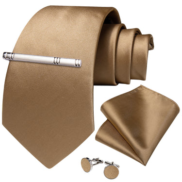 Champagne Gold Solid Men's Tie Handkerchief Cufflinks Clip Set