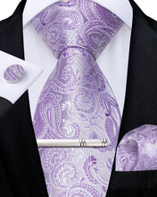 Light Purple Red Floral Men's Tie Handkerchief Cufflinks Clip Set