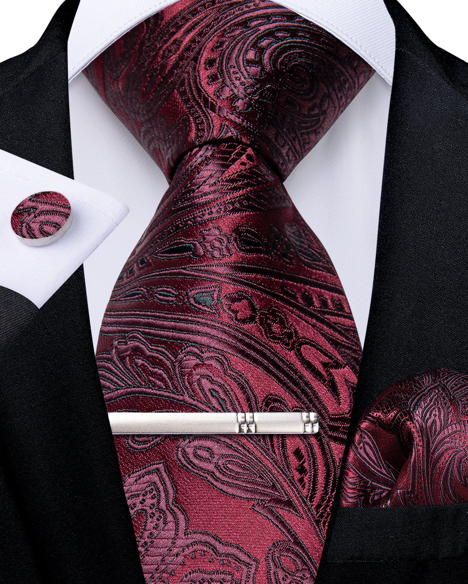 Claret Floral Men's Tie Handkerchief Cufflinks Clip Set