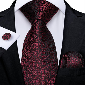 Red Floral Men's Tie Handkerchief Cufflinks Set