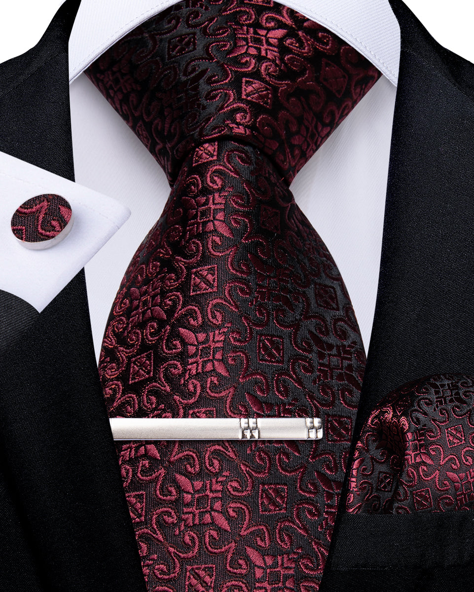 Red Floral Men's Tie Handkerchief Cufflinks Clip Set