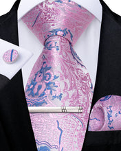 Pink Blue Floral Men's Tie Handkerchief Cufflinks Clip Set