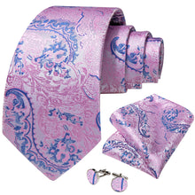 Pink Blue Floral Men's Tie Handkerchief Cufflinks Set