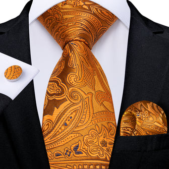Luxury Golden Floral Men's Tie Handkerchief Cufflinks Set