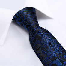 Black Blue Floral Men's Tie Handkerchief Cufflinks Set