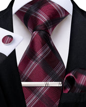 Red Black White Strped Men's Tie Handkerchief Cufflinks Clip Set