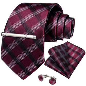 Red Black White Strped Men's Tie Handkerchief Cufflinks Clip Set