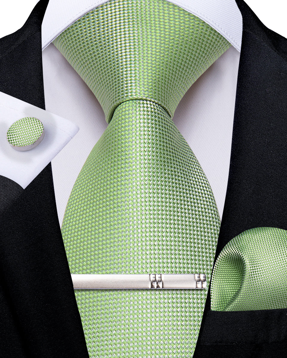 Green Solid Men's Tie Handkerchief Cufflinks Clip Set