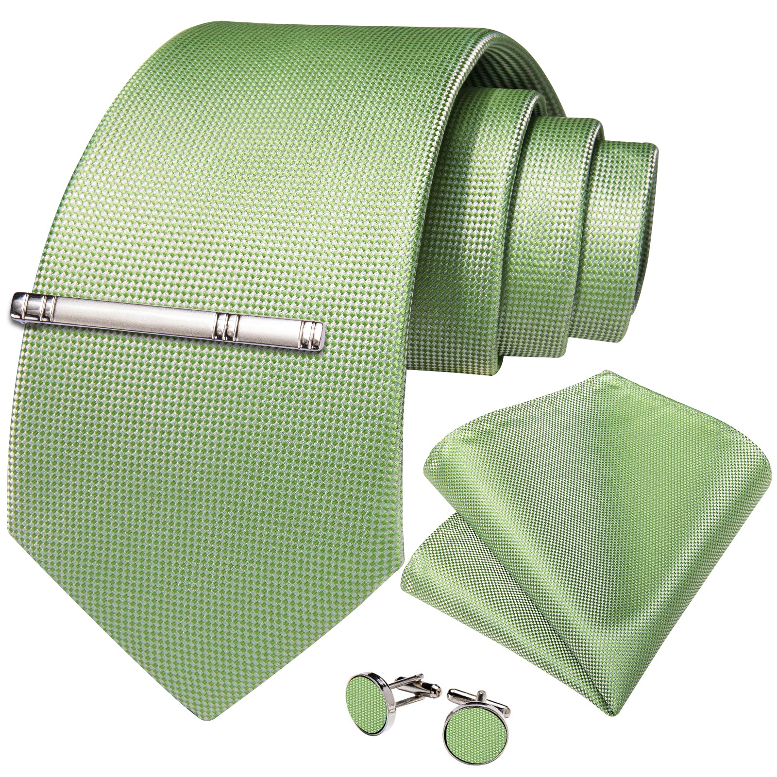Green Solid Men's Tie Handkerchief Cufflinks Clip Set