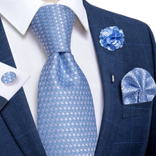 Light Blue Polka Dot Silk Men's Necktie Handkerchief Cufflinks Set With Lapel Pin Brooch Set