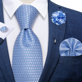 Light Blue Polka Dot Silk Men's Necktie Handkerchief Cufflinks Set With Lapel Pin Brooch Set