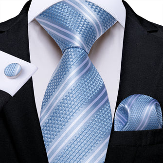 Silk Tie Blue White Striped Men's Tie Handkerchief Cufflinks Set