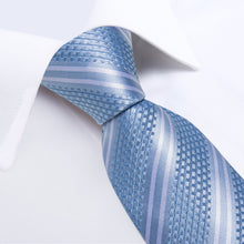 Silk Tie Blue White Striped Men's Tie Handkerchief Cufflinks Set