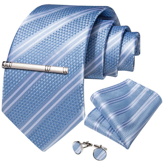 Silk Tie Blue White Striped Men's Tie Handkerchief Cufflinks Clip Set