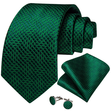 Black Green Plaid Men's Tie Handkerchief Cufflinks Set