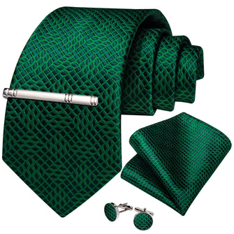 Green Black Plaid Men's Tie Handkerchief Cufflinks Clip Set