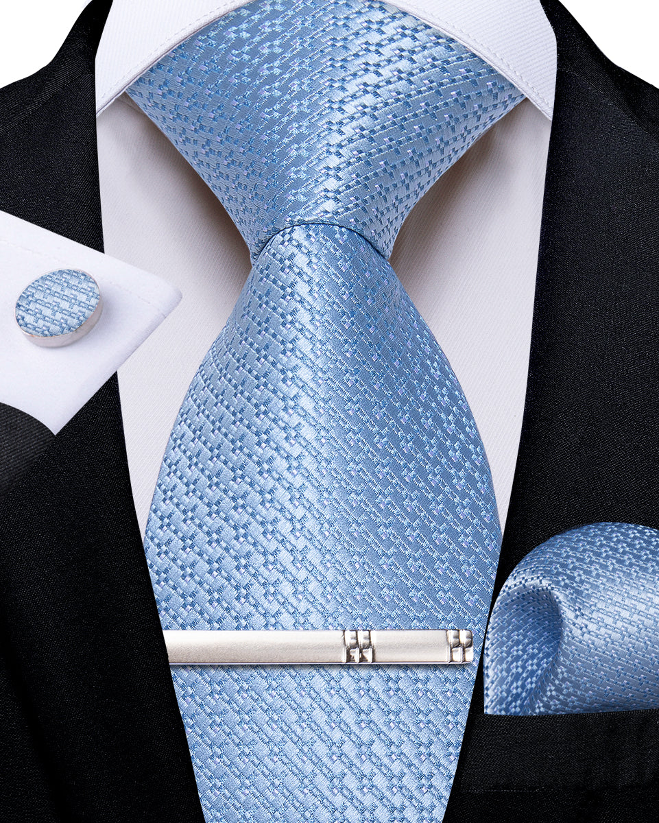 Blue Solid Men's Tie Handkerchief Cufflinks Clip Set