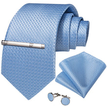Blue Solid Men's Tie Handkerchief Cufflinks Clip Set