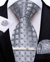Silver Grey Plaid Men's Tie Handkerchief Cufflinks Clip Set