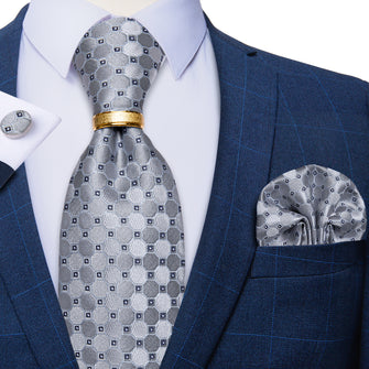 4PCS Silver Grey Plaid Silk Men's Tie Pocket Square Cufflinks with Tie Ring Set