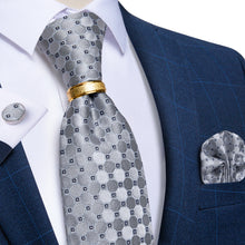 4PCS Silver Grey Plaid Silk Men's Tie Pocket Square Cufflinks with Tie Ring Set