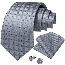Silver Grey Plaid Men's Tie Handkerchief Cufflinks Set