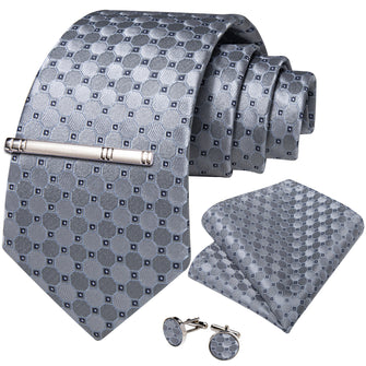 Silver Grey Plaid Men's Tie Handkerchief Cufflinks Clip Set