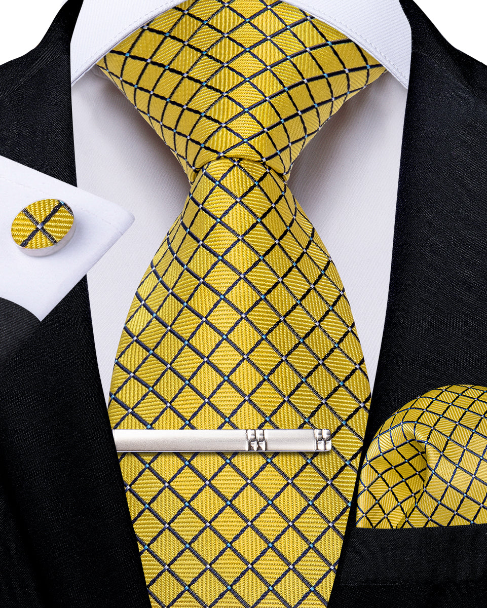 Black Yellow Plaid Men's Tie Handkerchief Cufflinks Clip Set