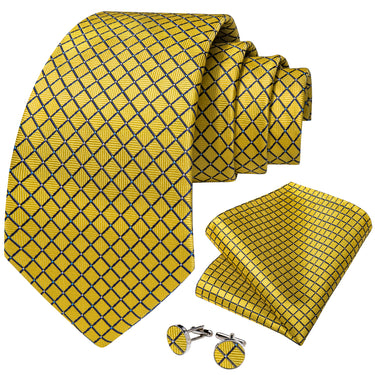 Black Yellow Plaid Men's Tie Handkerchief Cufflinks Set