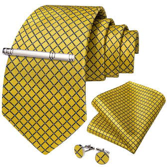 Black Yellow Plaid Men's Tie Handkerchief Cufflinks Clip Set