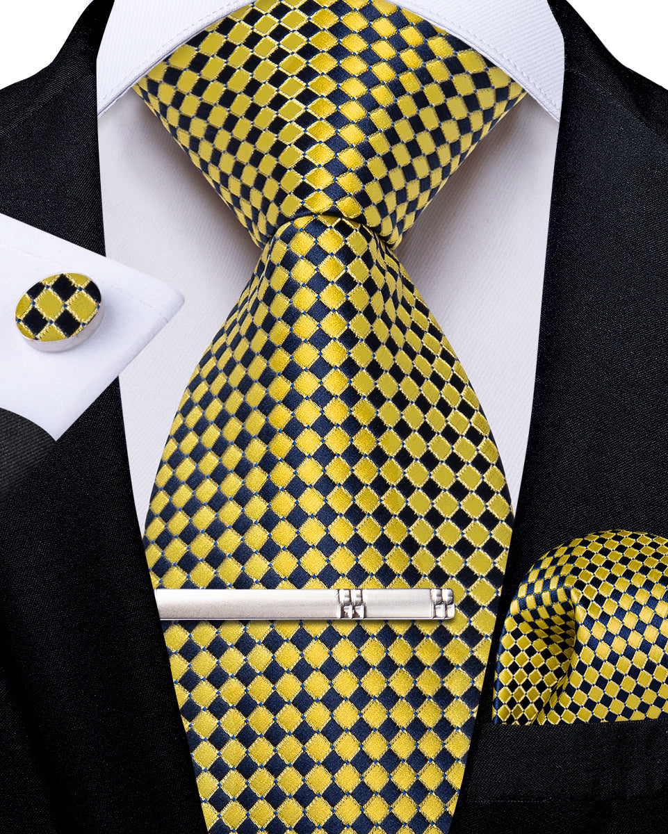 Blue Yellow Plaid Men's Tie Handkerchief Cufflinks Clip Set