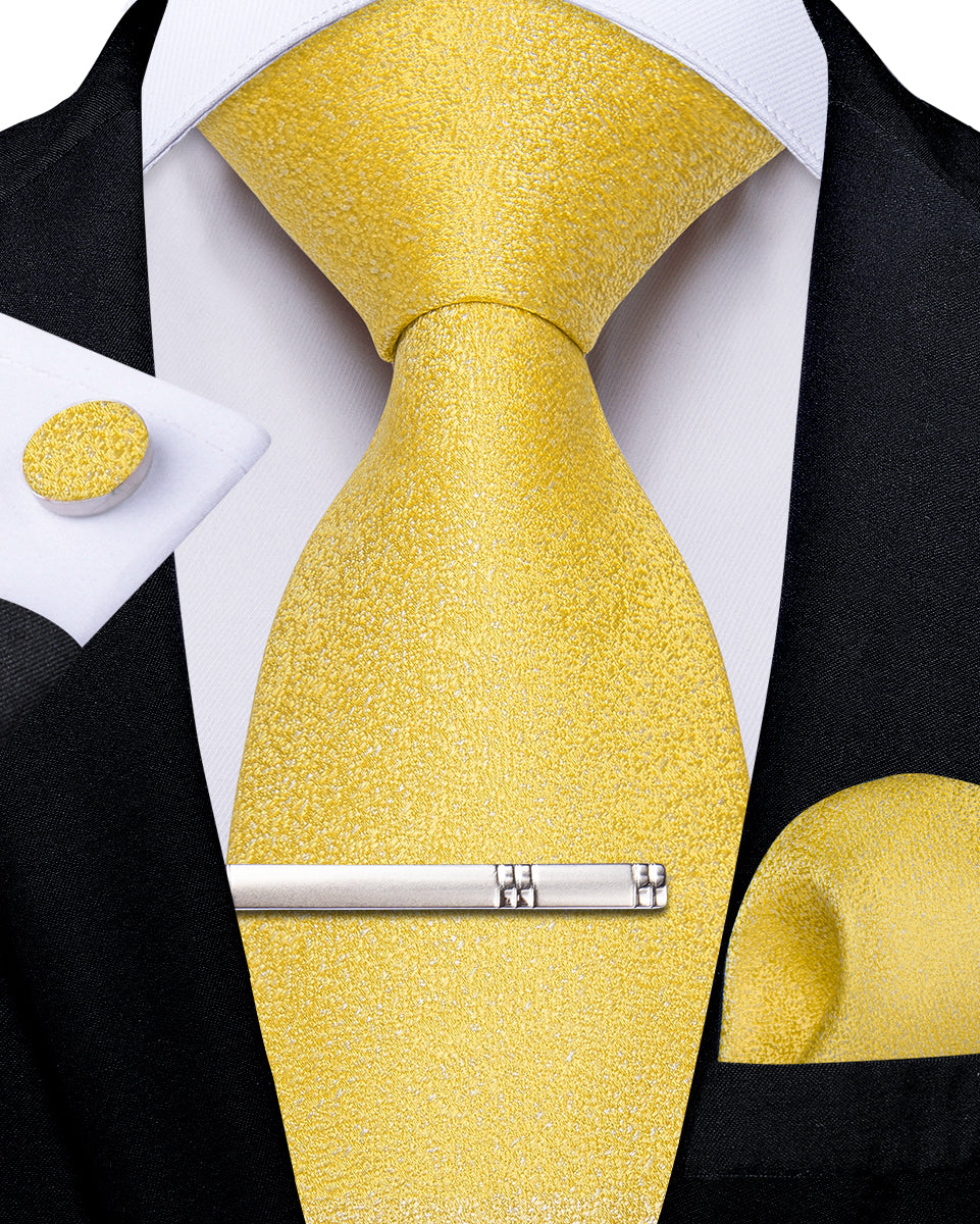 Light Yellow Solid Men's Tie Handkerchief Cufflinks Clip Set